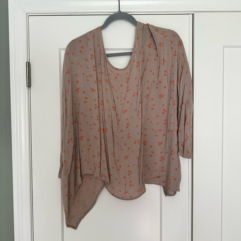 Free People Flowy Tan Top with Orange Floral Pattern